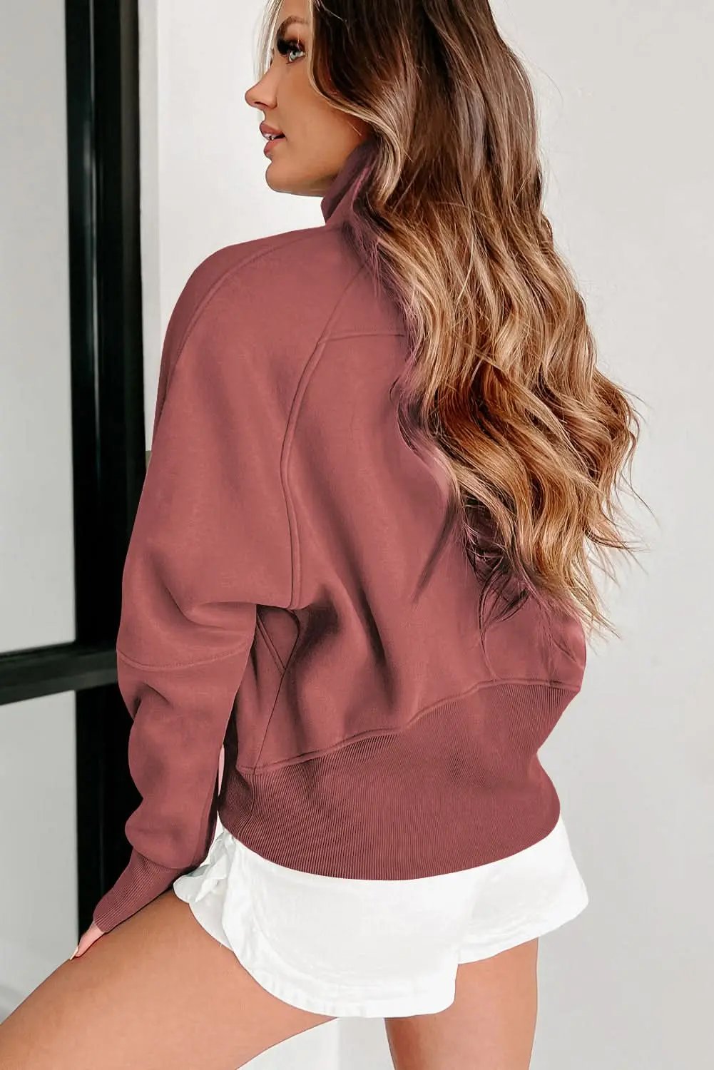 Brown Fleece Lined Zip Up Stand Collar Thumbhole Sleeve Sweatshirt - Love Salve
